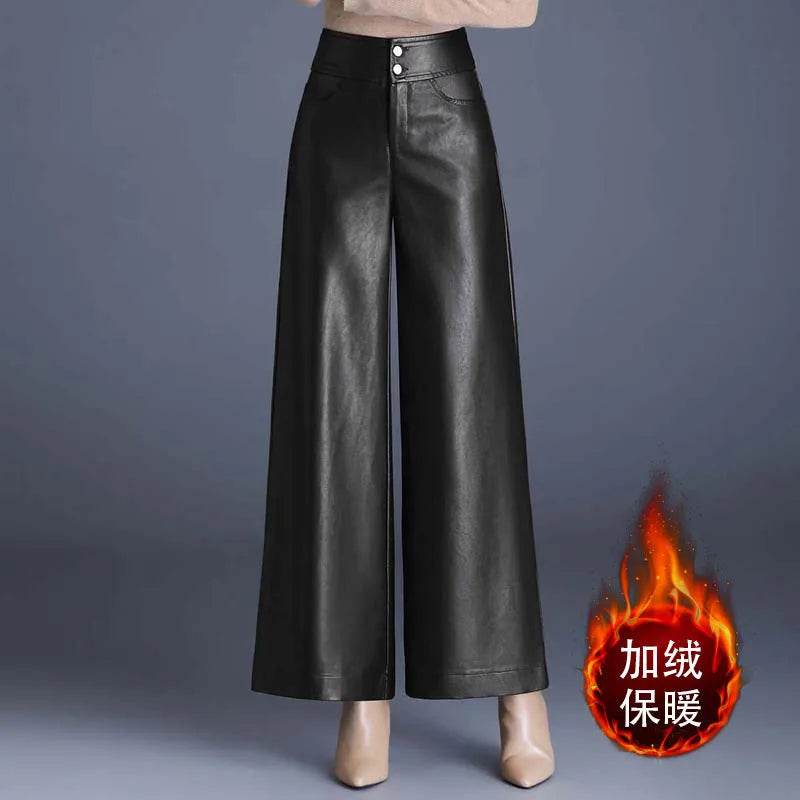High Waist Thick Loose Big Leg Straight All-matching Wide Leg Leather trouser Pants For Women