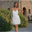 Elegant Chic Spaghetti Strap Luxury Tassel Sequins Feather Women’s Mini Dress for Evening Party, Cocktail Wedding Guest.