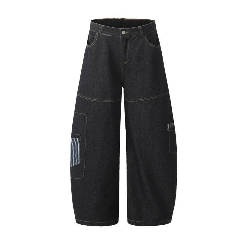 American Style Vintage Stripe Pocket Stitching Machete Baggy Jeans Pant For Men And Women
