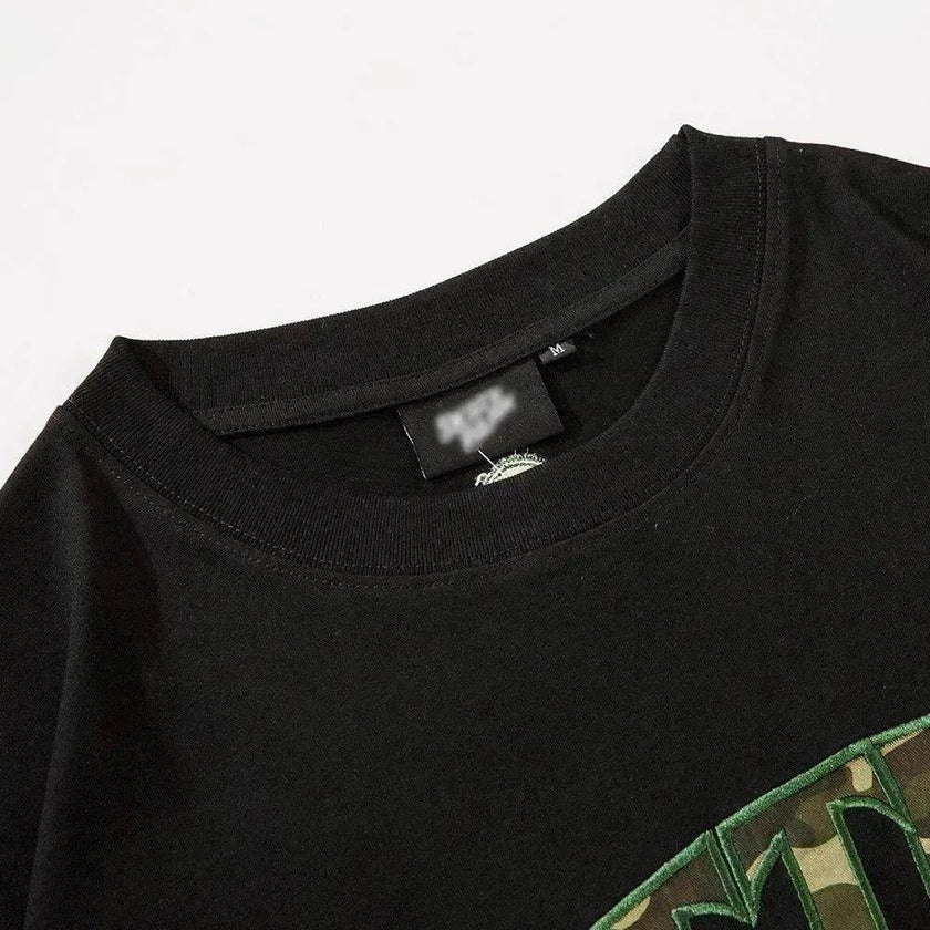 Camouflage Paste Cloth Embroidery Lettered Casual T-shirt