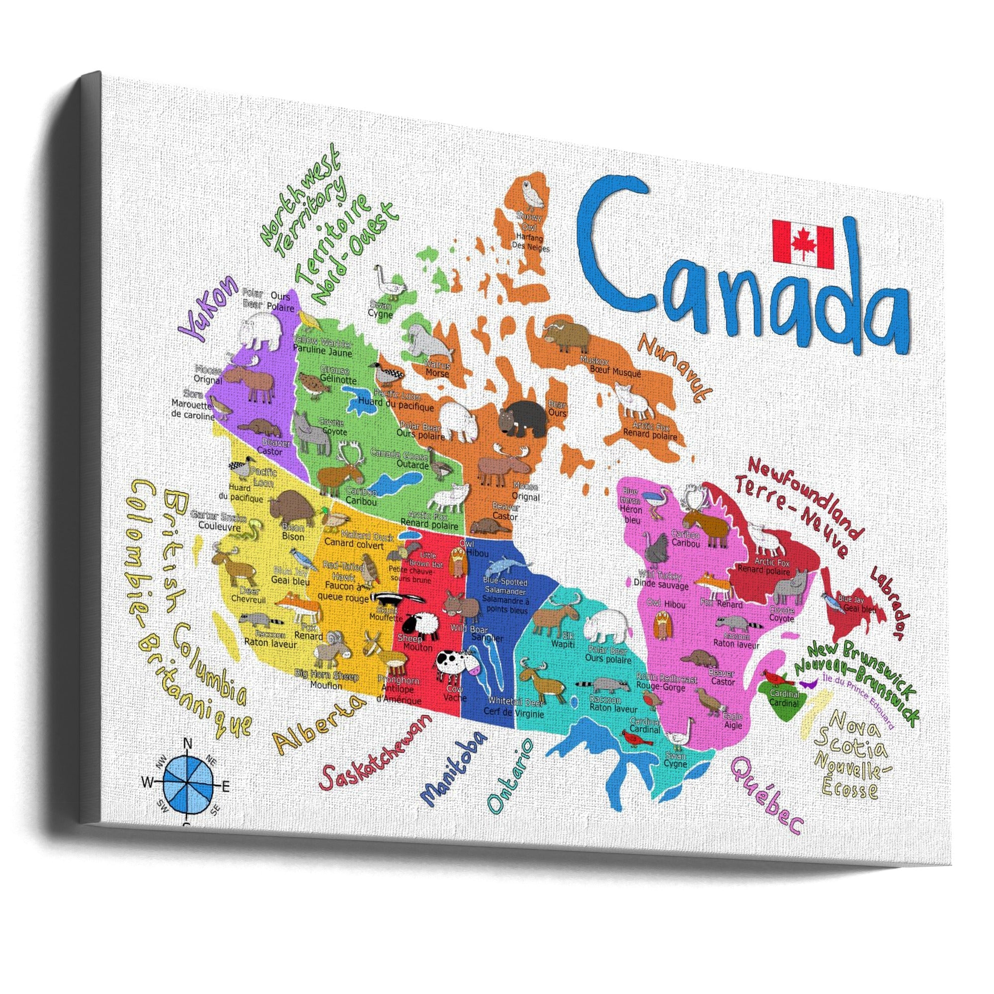 Carte illustrée du Canada avec des animaux, par Carla Daly, pour décoration murale.