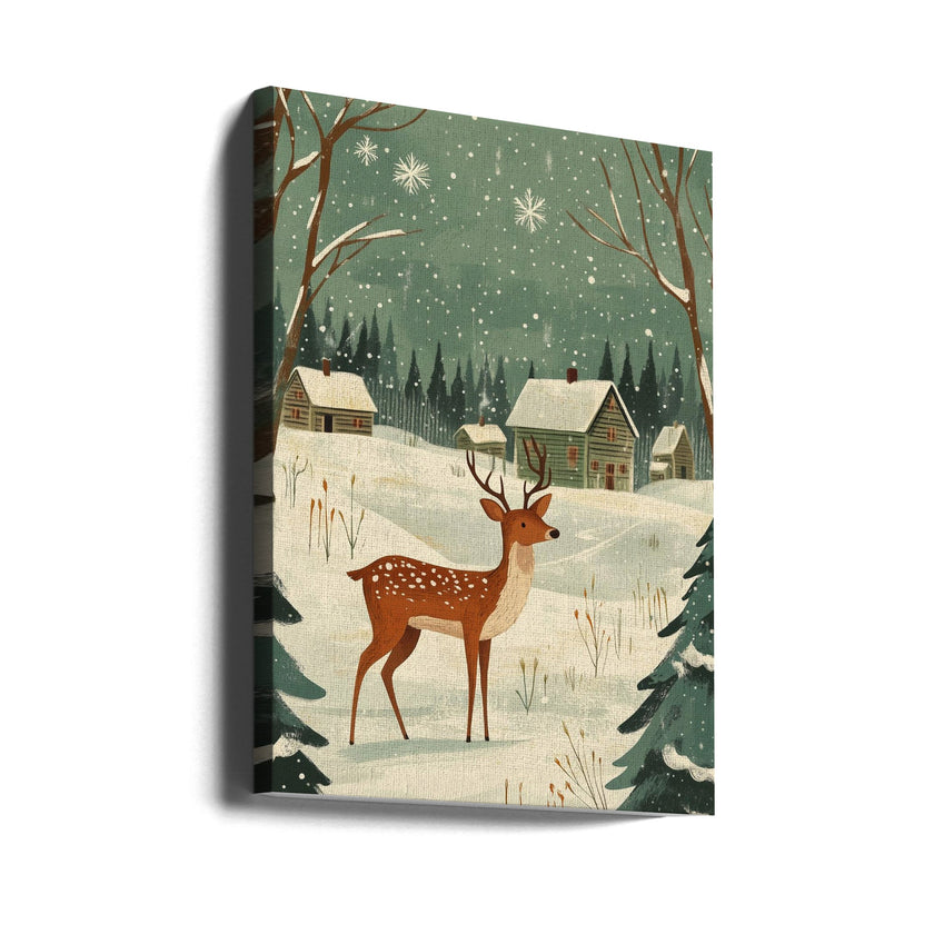 Impression sur toile verte représentant un cerf, motif hivernal et de Noël.