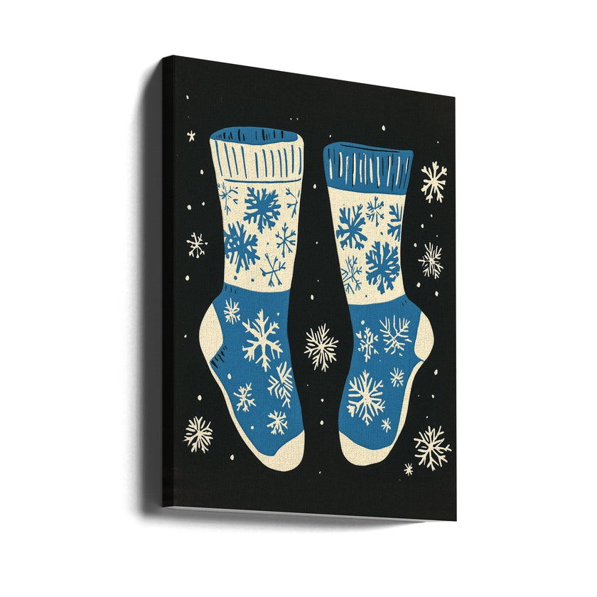Impression sur toile de chaussettes vintage en tricot bleu sur fond noir.