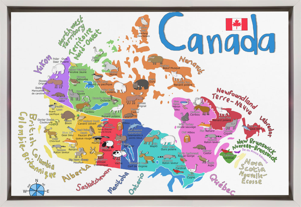 Carte illustrée du Canada avec des animaux, par Carla Daly, pour décoration murale.