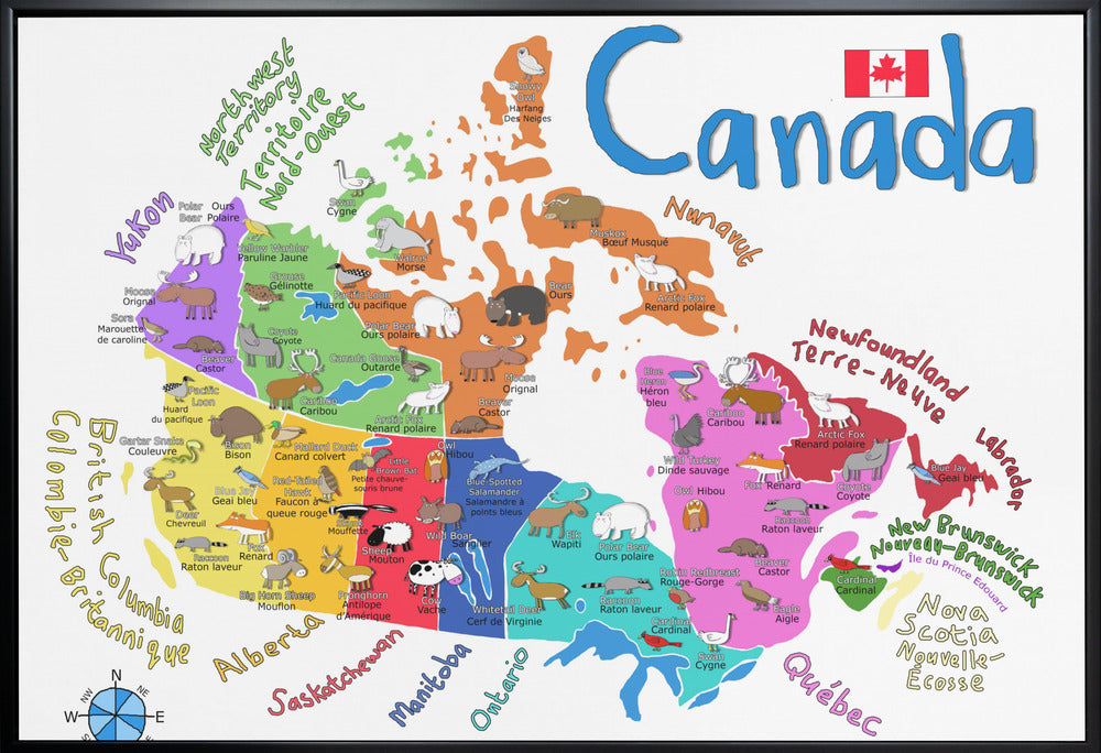 Carte illustrée du Canada avec des animaux, par Carla Daly, pour décoration murale.