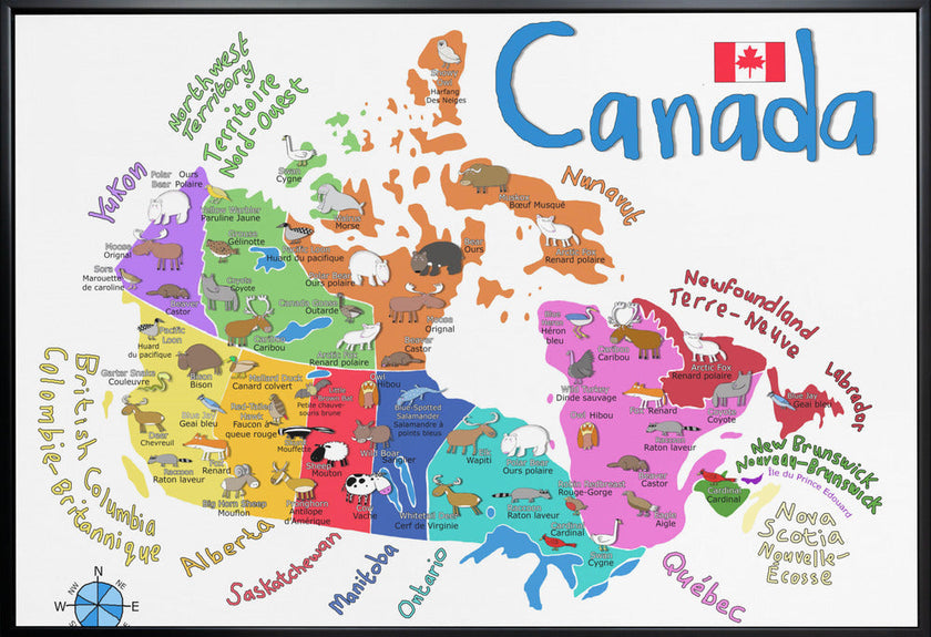 Carte illustrée du Canada avec des animaux, par Carla Daly, pour décoration murale.