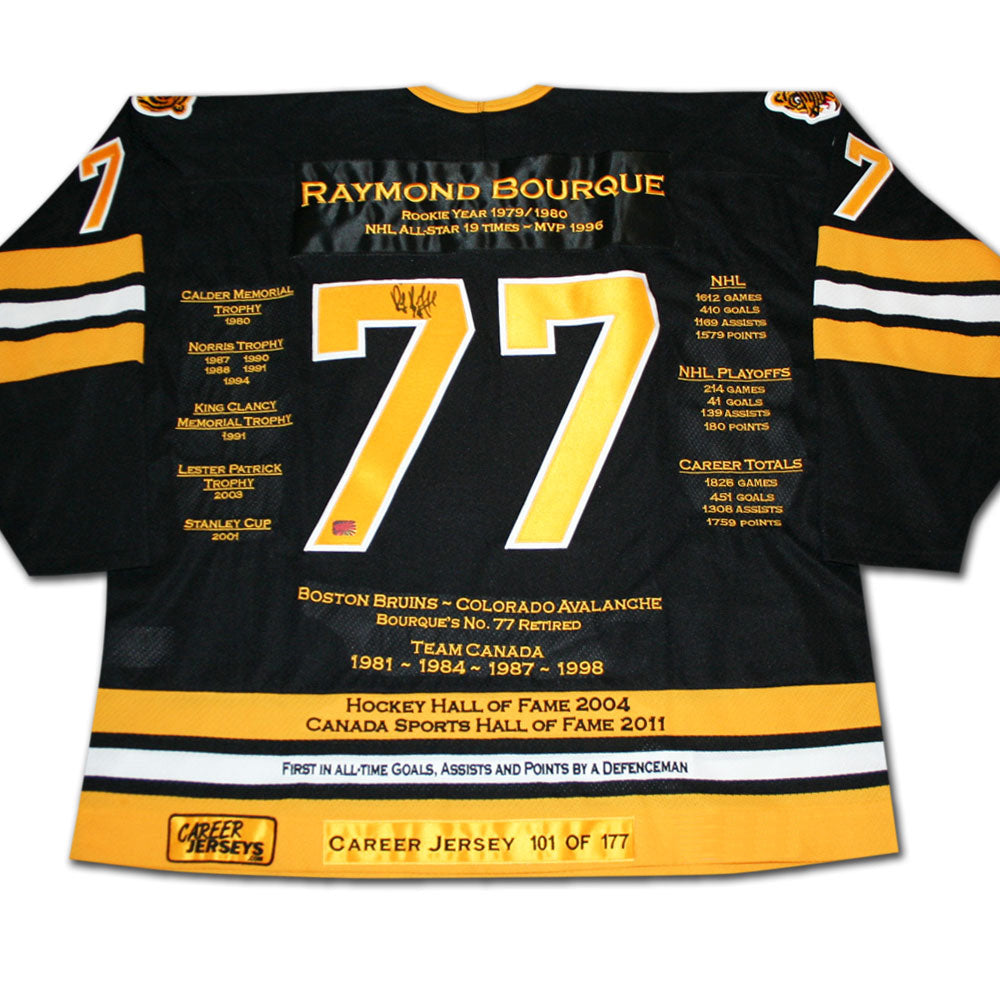 RAY BOURQUE AUTOGRAPHED CAREER JERSEY – LTD ED 177 – BOSTON BRUINS LEGEND – NHL COLLECTIBLE (SIZE L OR XL)