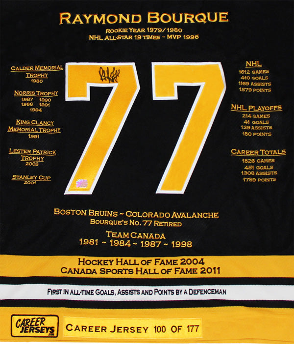 RAY BOURQUE AUTOGRAPHED CAREER JERSEY – LTD ED 177 – BOSTON BRUINS LEGEND – NHL COLLECTIBLE (SIZE L OR XL)