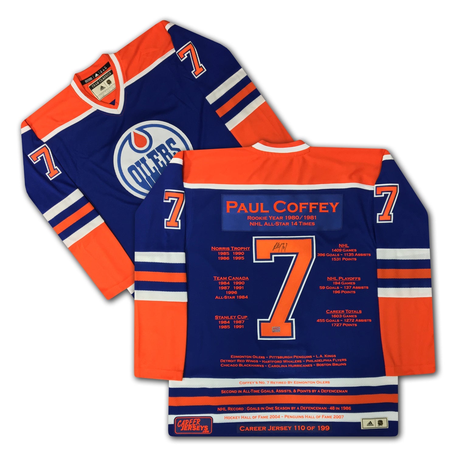 PAUL COFFEY AUTOGRAPHED CAREER JERSEY – EDMONTON OILERS – LIMITED EDITION /199 – NHL COLLECTIBLE (SIZE L OR XL)