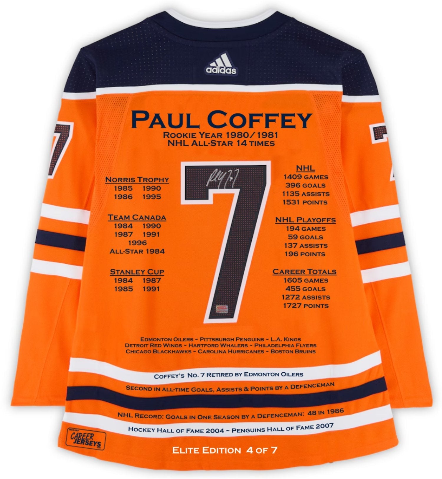 PAUL COFFEY AUTOGRAPHED ORANGE ELITE EDITION CAREER JERSEY – EDMONTON OILERS – LIMITED EDITION OF 7 – NHL HOCKEY COLLECTIBLE (SIZE L OR XL)