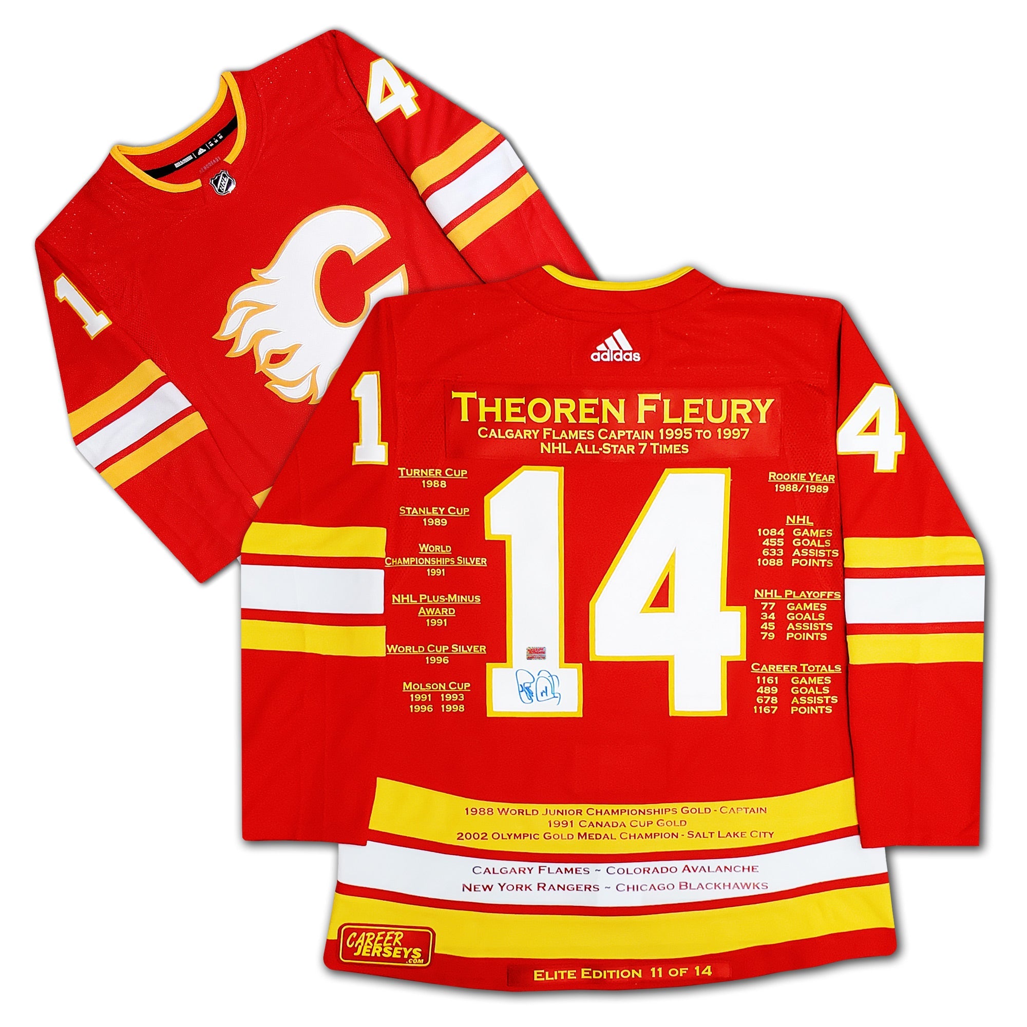 THEOREN FLEURY CAREER JERSEY LIMITED EDITION OF 14 - SIGNED - CALGARY FLAMES AUTOGRAPHED NHL COLLECTIBLE (SIZE L OR XL)