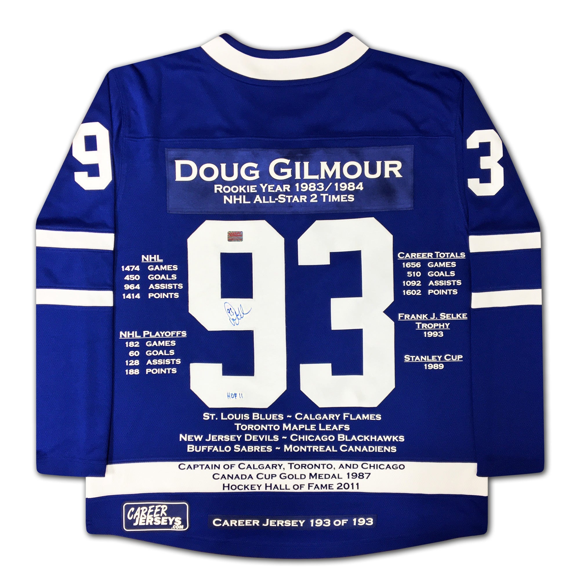 DOUG GILMOUR CAREER JERSEY #193 OF 193 (SIZE L OR XL) – AUTOGRAPHED LIMITED EDITION NHL TORONTO MAPLE LEAFS COLLECTIBLE