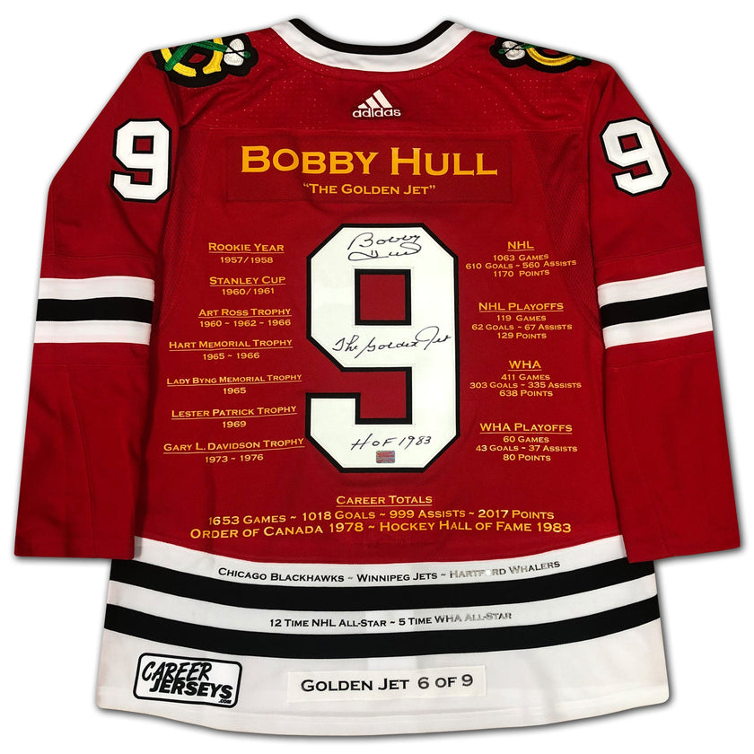 BOBBY HULL CHICAGO BLACKHAWKS CAREER JERSEY – GOLDEN JET RED EDITION – AUTOGRAPHED COLLECTIBLE – LIMITED EDITION /9 – OFFICIAL NHL HOCKEY MEMORABILIA (SIZE L OR XL)