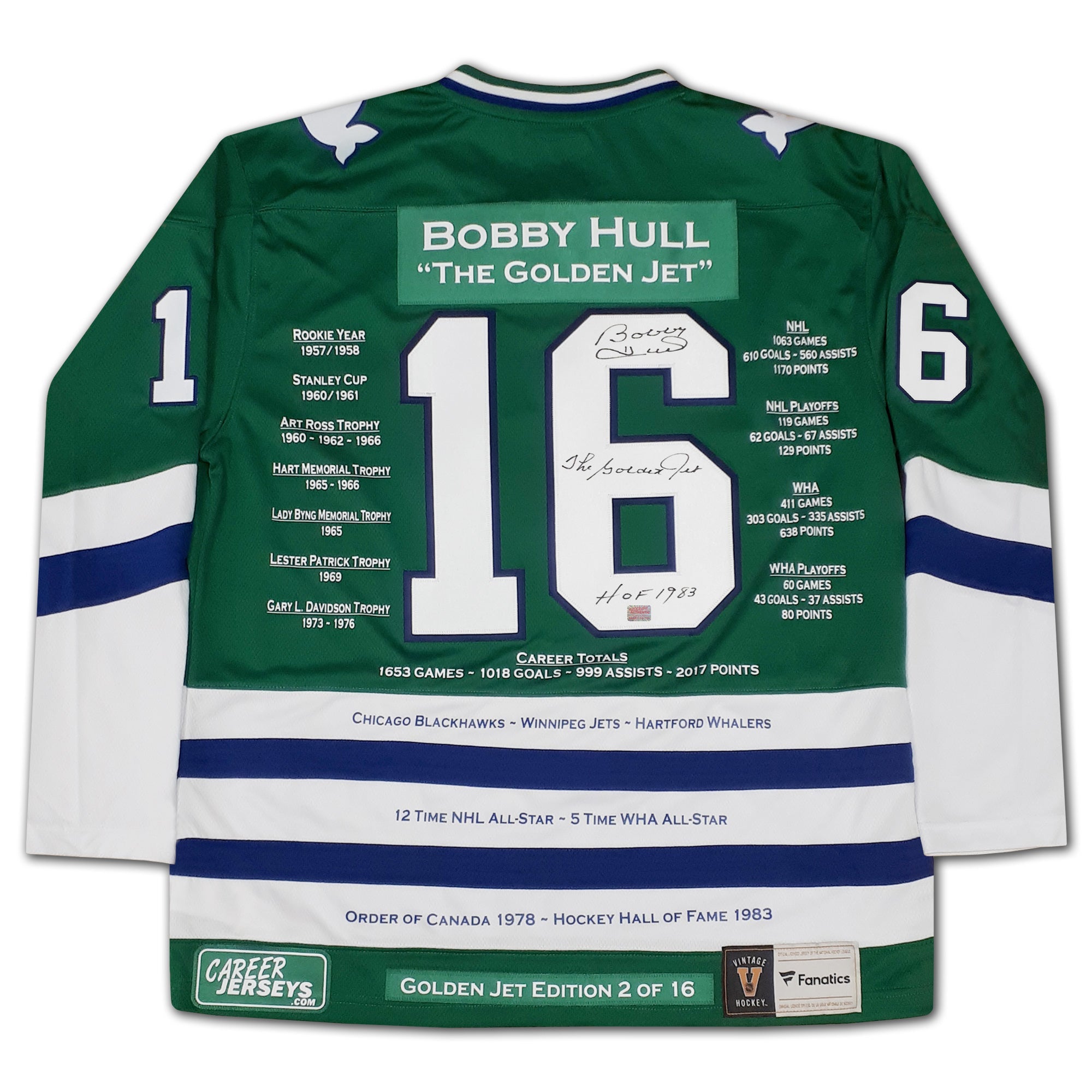 BOBBY HULL HARTFORD WHALERS CAREER JERSEY – AUTOGRAPHED COLLECTIBLE – LIMITED EDITION /16 – OFFICIAL NHL HOCKEY MEMORABILIA (SIZE L OR XL)