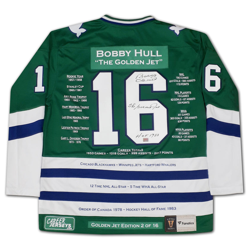 BOBBY HULL HARTFORD WHALERS CAREER JERSEY – AUTOGRAPHED COLLECTIBLE – LIMITED EDITION /16 – OFFICIAL NHL HOCKEY MEMORABILIA (SIZE L OR XL)