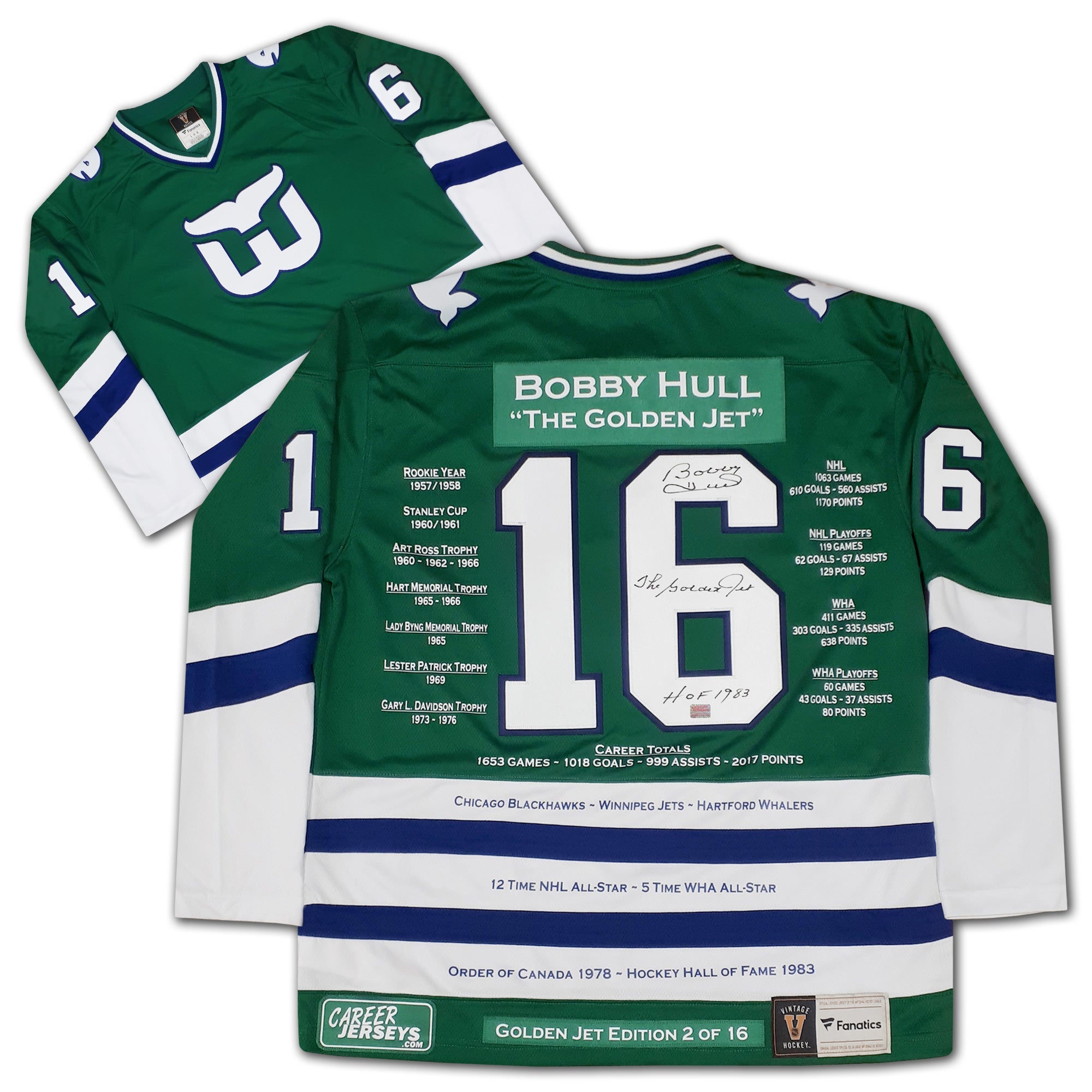 BOBBY HULL HARTFORD WHALERS CAREER JERSEY – AUTOGRAPHED COLLECTIBLE – LIMITED EDITION /16 – OFFICIAL NHL HOCKEY MEMORABILIA (SIZE L OR XL)