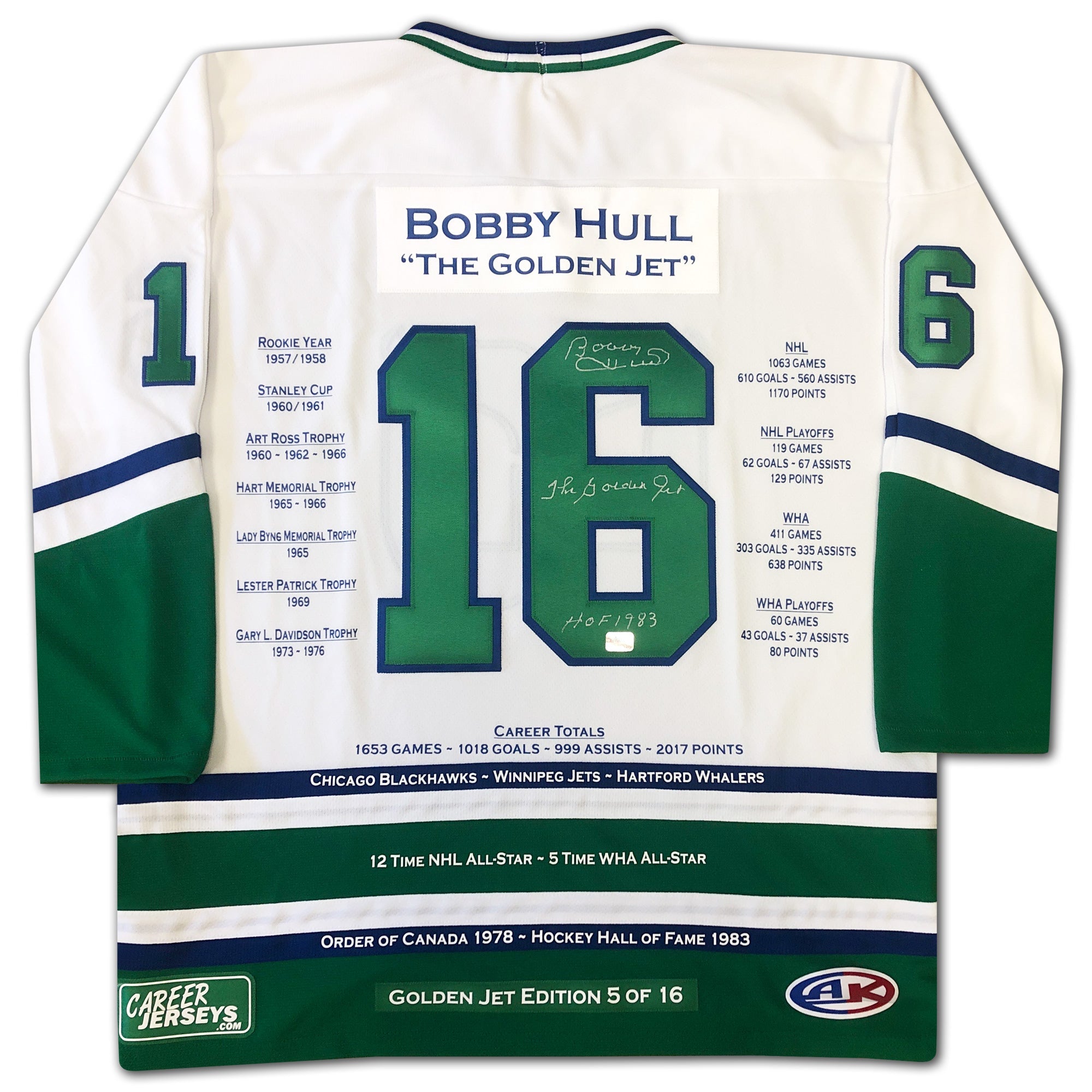 BOBBY HULL HARTFORD WHALERS CAREER JERSEY WHITE EDITION – AUTOGRAPHED COLLECTIBLE – LIMITED EDITION /16 – OFFICIAL NHL HOCKEY MEMORABILIA (SIZE L OR XL)