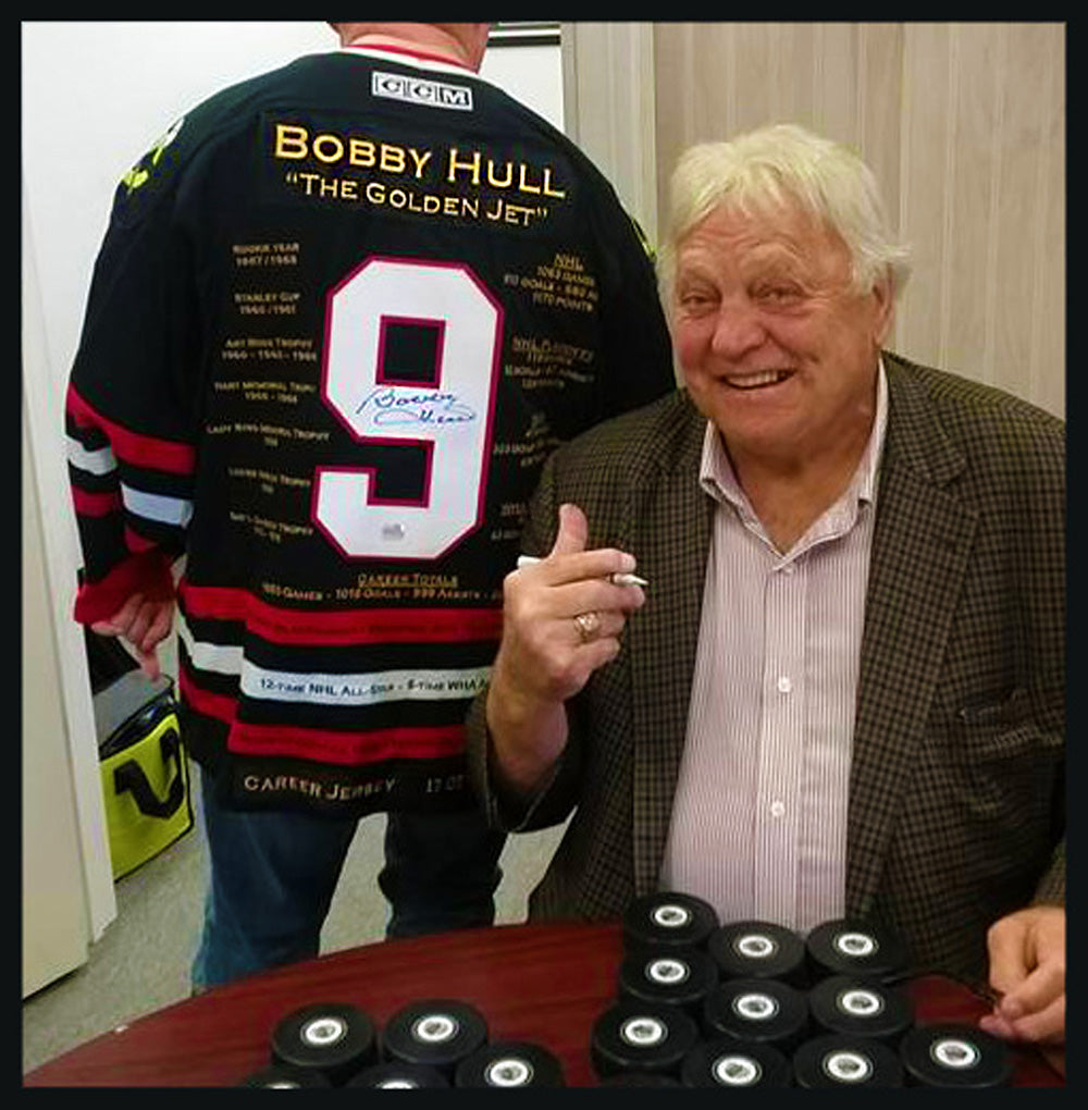 BOBBY HULL CHICAGO BLACKHAWKS CAREER JERSEY – AUTOGRAPHED COLLECTIBLE – LIMITED EDITION /399 – OFFICIAL NHL HOCKEY MEMORABILIA (SIZE L OR XL)