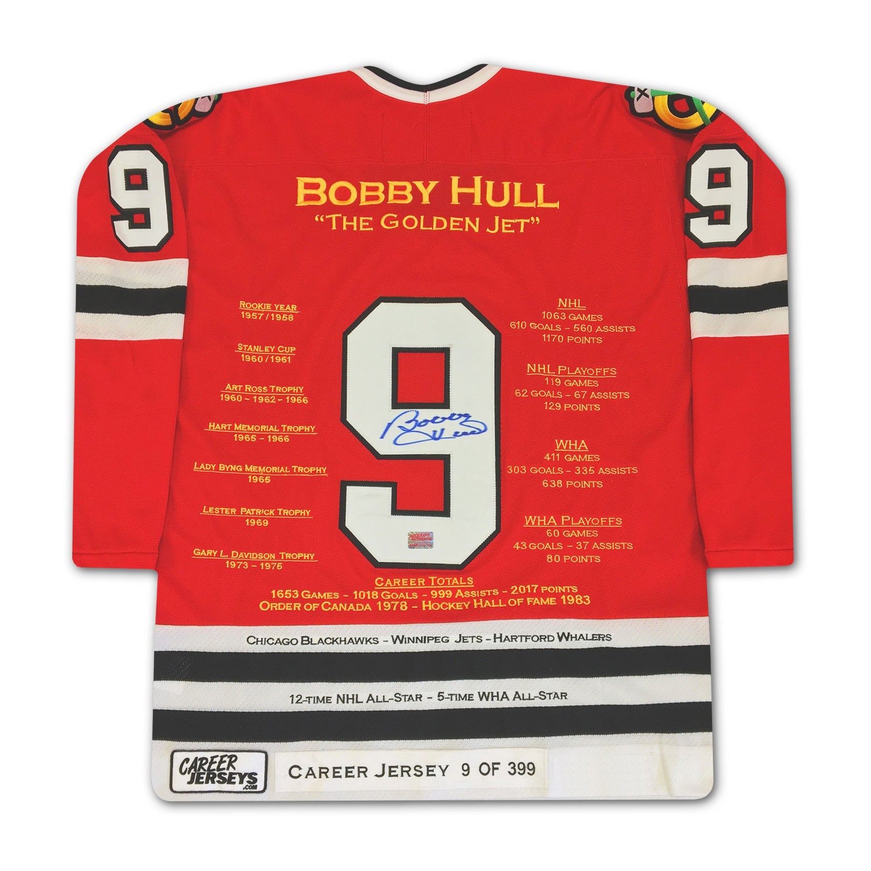 BOBBY HULL CHICAGO BLACKHAWKS CAREER JERSEY – AUTOGRAPHED LIMITED EDITION #9 OF 399 (SIZE L OR XL) – AUTHENTIC NHL MEMORABILIA