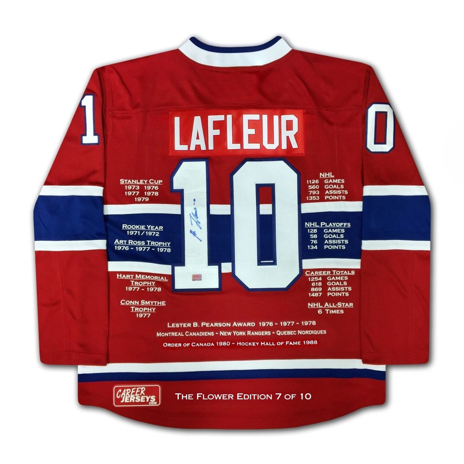 GUY LAFLEUR MONTREAL CANADIENS CAREER JERSEY – THE FLOWER RED EDITION – AUTOGRAPHED NHL COLLECTIBLE – LIMITED EDITION /10 – HALL OF FAME MEMORABILIA (SIZE L OR XL)