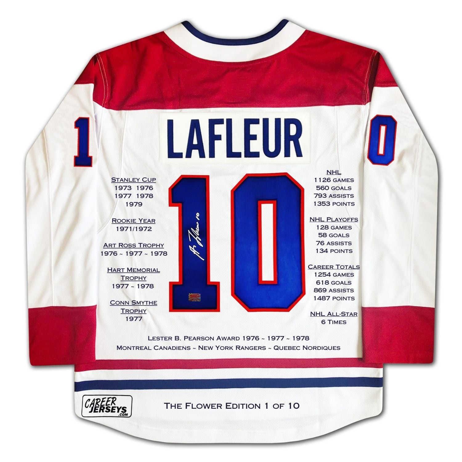 GUY LAFLEUR CAREER JERSEY – 'THE FLOWER' WHITE EDITION #1 OF 10 – LIMITED EDITION NHL COLLECTIBLE (SIZE L OR XL)