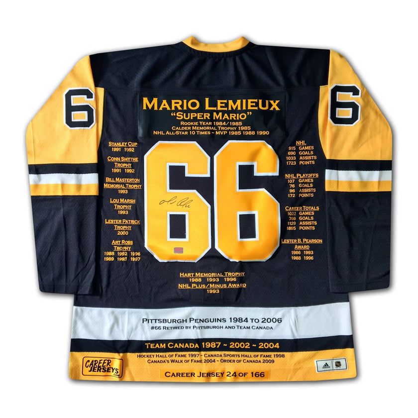 MARIO LEMIEUX PITTSBURGH PENGUINS CAREER JERSEY – AUTOGRAPHED NHL MEMORABILIA – LIMITED EDITION /166 – LEGENDARY COLLECTIBLE (SIZE L OR XL)