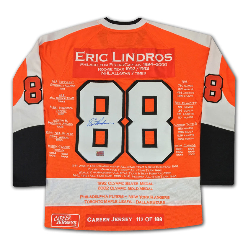 ERIC LINDROS PHILADELPHIA FLYERS CAREER JERSEY – AUTOGRAPHED COLLECTIBLE – LIMITED EDITION /188 – OFFICIAL NHL MEMORABILIA (SIZE L OR XL)