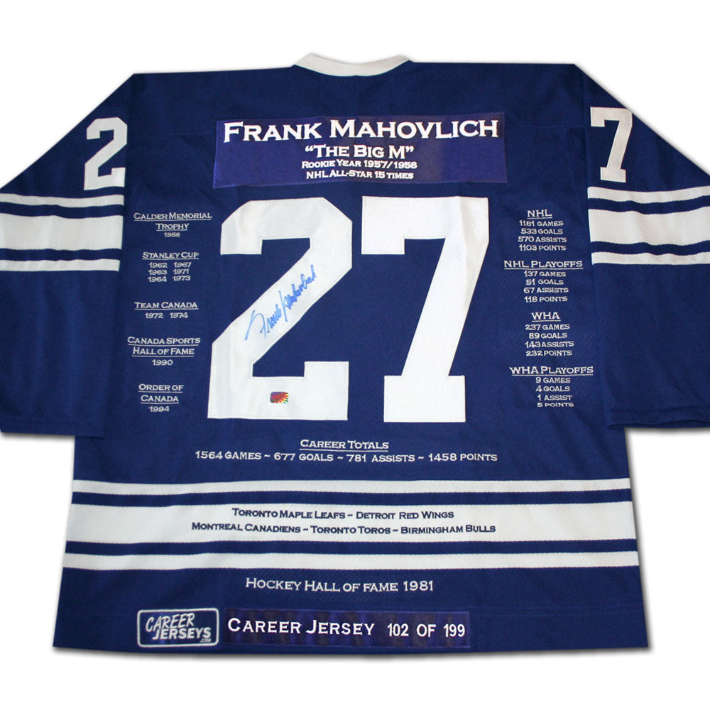 FRANK MAHOVLICH TORONTO MAPLE LEAFS CAREER JERSEY – AUTOGRAPHED COLLECTIBLE – LIMITED EDITION /199 – OFFICIAL NHL MEMORABILIA (SIZE L OR XL)