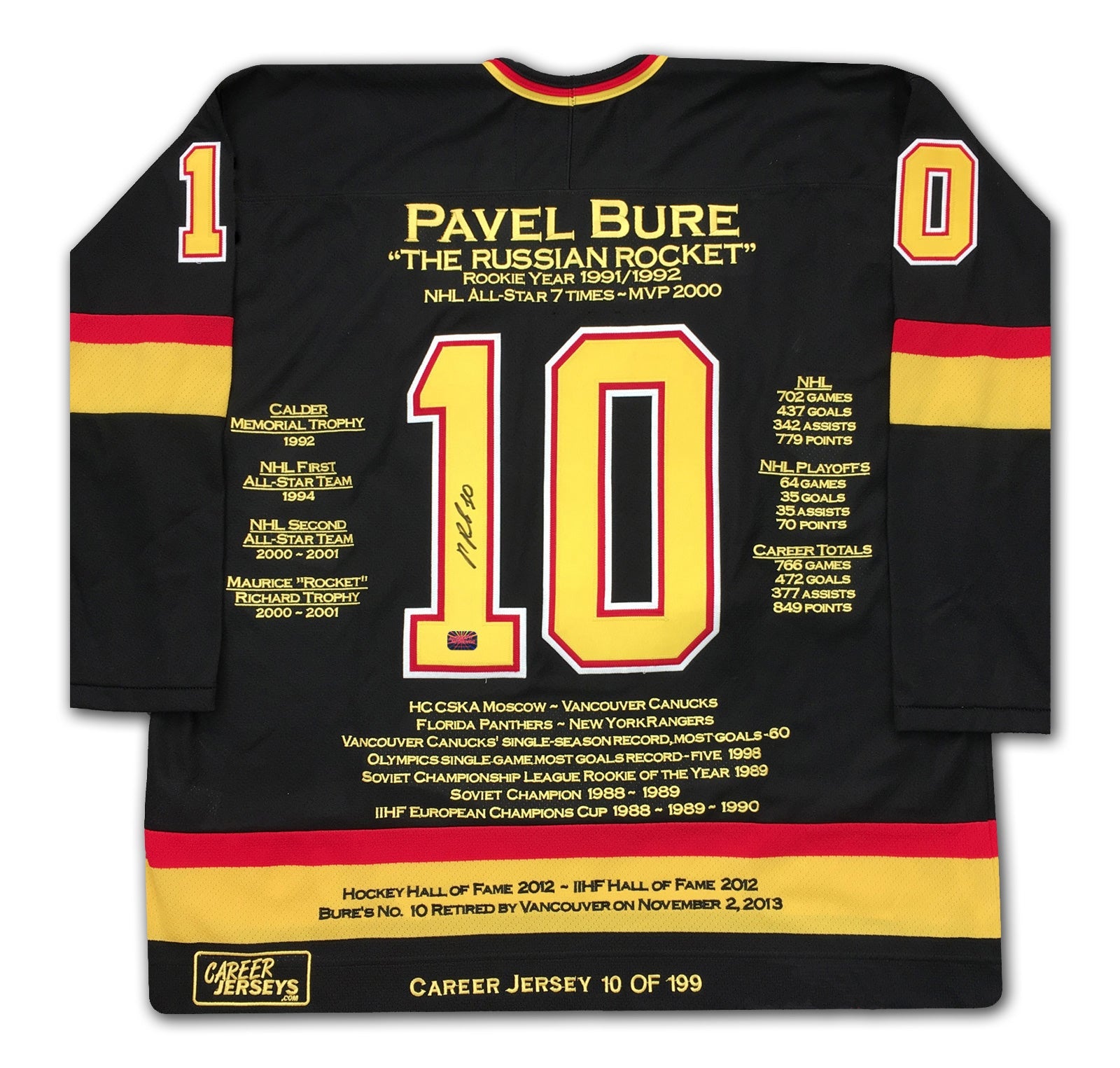 PAVEL BURE CAREER JERSEY #10 OF 199 - AUTOGRAPHED - VANCOUVER (SIZE L OR XL) - LIMITED EDITION NHL MEMORABILIA COLLECTIBLE