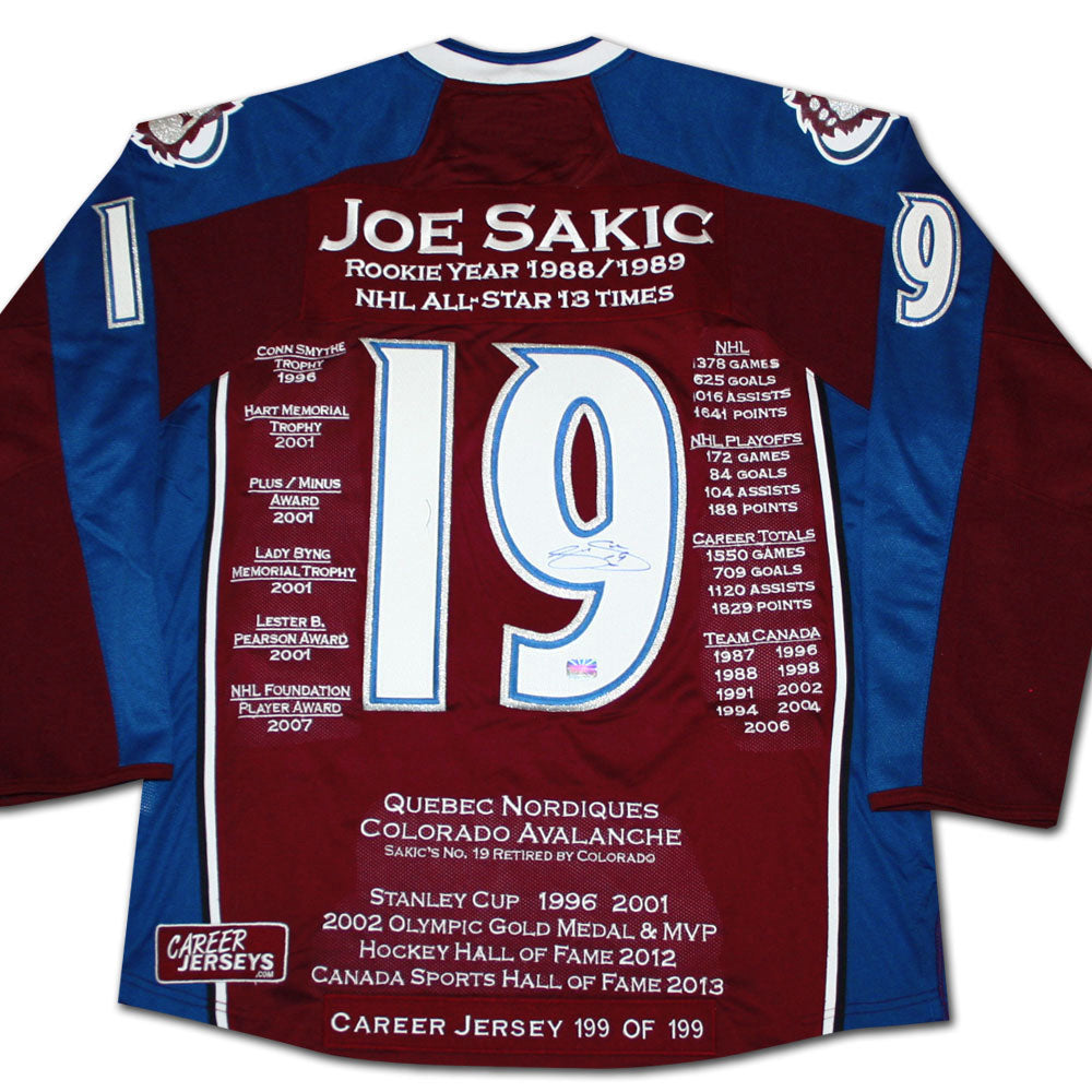 JOE SAKIC CAREER JERSEY #199 OF 199 - AUTOGRAPHED - COLORADO (SIZE L OR XL) – LIMITED EDITION SIGNED NHL COLLECTIBLE – HOCKEY MEMORABILIA – COLORADO AVALANCHE LEGEND – CERTIFICATE OF AUTHENTICITY INCLUDED