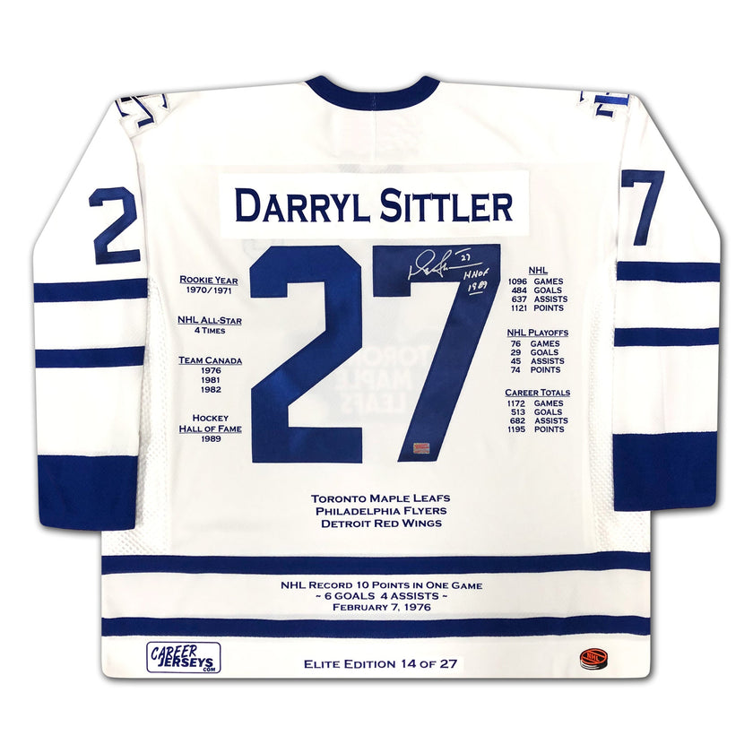 DARRYL SITTLER TORONTO MAPLE LEAFS CAREER JERSEY – ELITE EDITION – AUTOGRAPHED COLLECTIBLE – LIMITED EDITION /27 – OFFICIAL NHL MEMORABILIA (SIZE L OR XL)