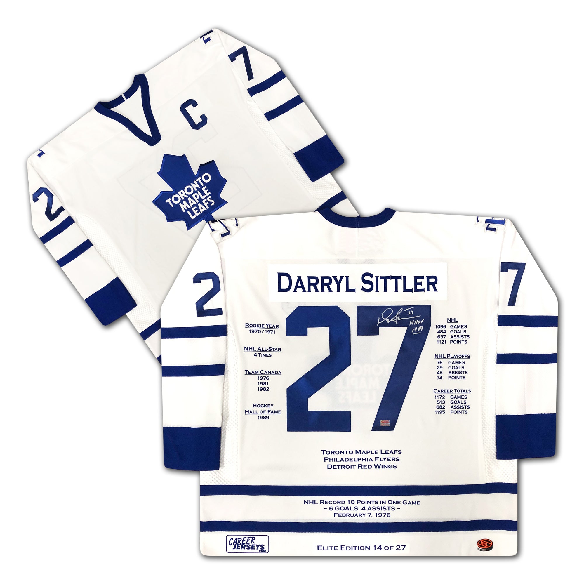 DARRYL SITTLER TORONTO MAPLE LEAFS CAREER JERSEY – ELITE EDITION – AUTOGRAPHED COLLECTIBLE – LIMITED EDITION /27 – OFFICIAL NHL MEMORABILIA (SIZE L OR XL)