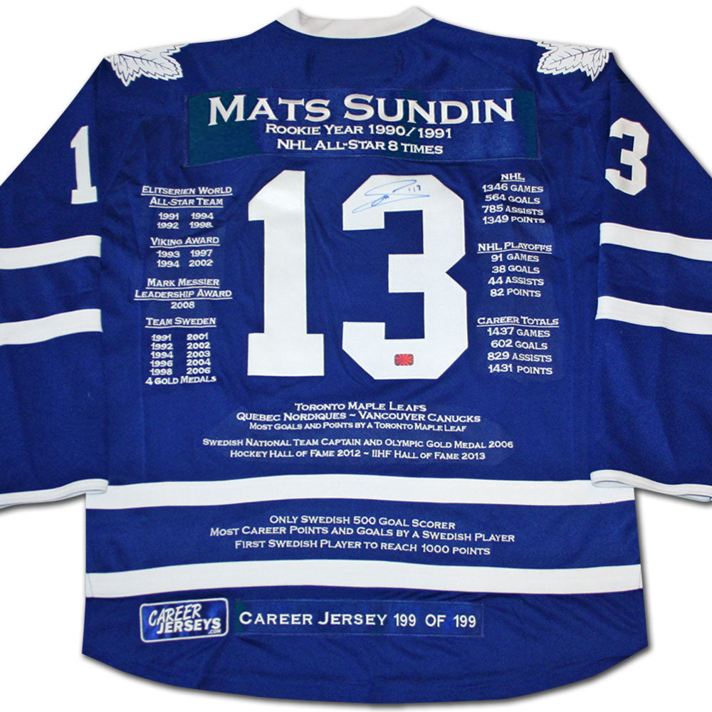 MATS SUNDIN CAREER JERSEY #199 OF 199 AUTOGRAPHED – LIMITED EDITION COLLECTIBLE – TORONTO MAPLE LEAFS LEGEND (SIZE L OR XL)