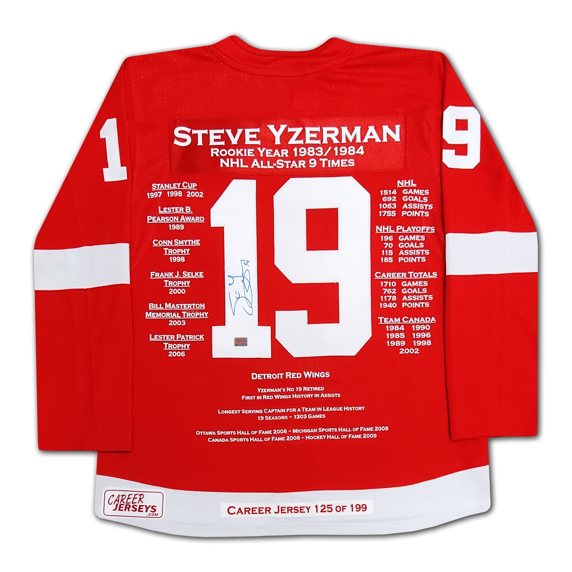 STEVE YZERMAN AUTOGRAPHED CAREER JERSEY – LTD ED 199 – DETROIT RED WINGS CAPTAIN – NHL COLLECTIBLE (SIZE L OR XL)