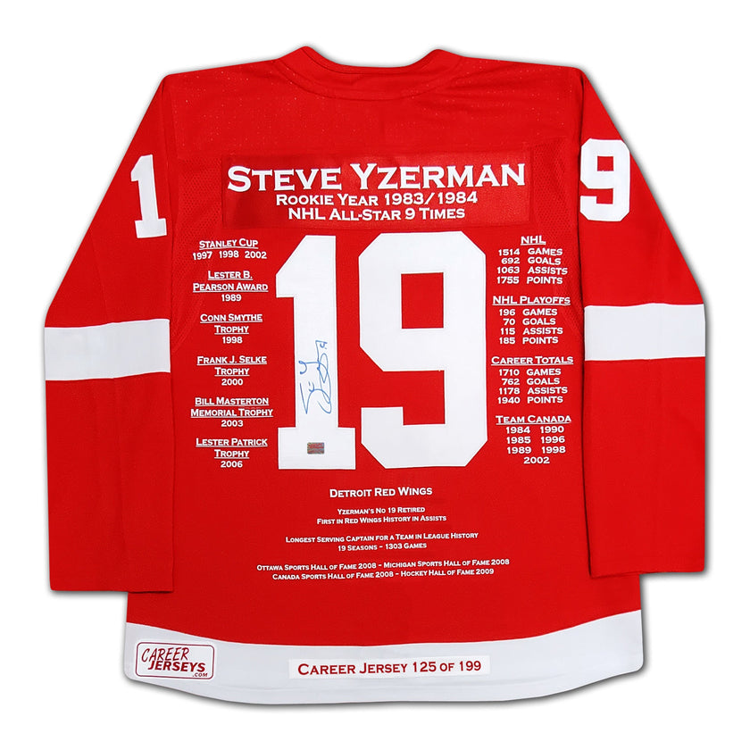 STEVE YZERMAN AUTOGRAPHED CAREER JERSEY – LTD ED 199 – DETROIT RED WINGS CAPTAIN – NHL COLLECTIBLE (SIZE L OR XL)
