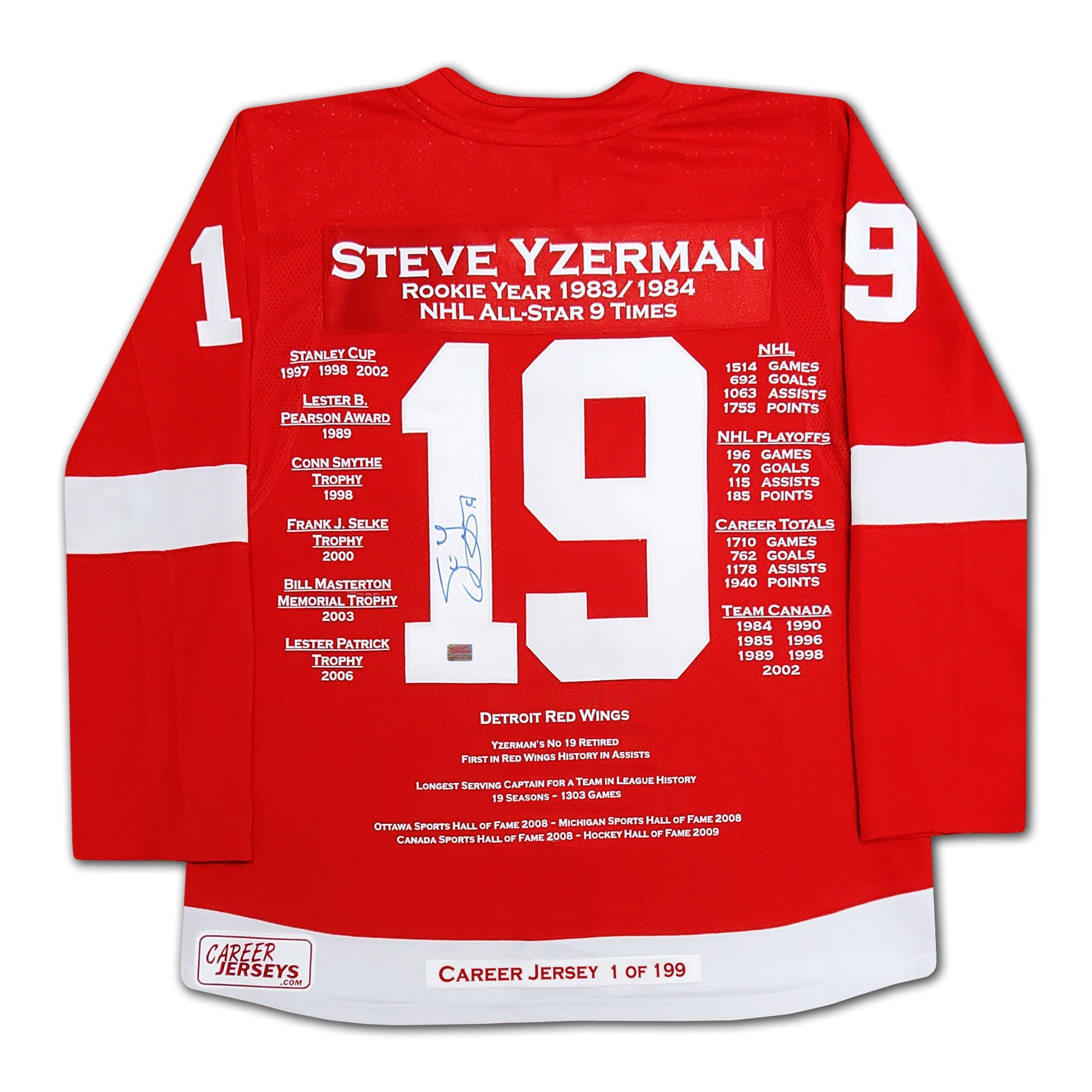 STEVE YZERMAN CAREER JERSEY #1 OF 199 - AUTOGRAPHED - DETROIT RED WINGS - LIMITED EDITION NHL COLLECTIBLE (SIZE L OR XL)