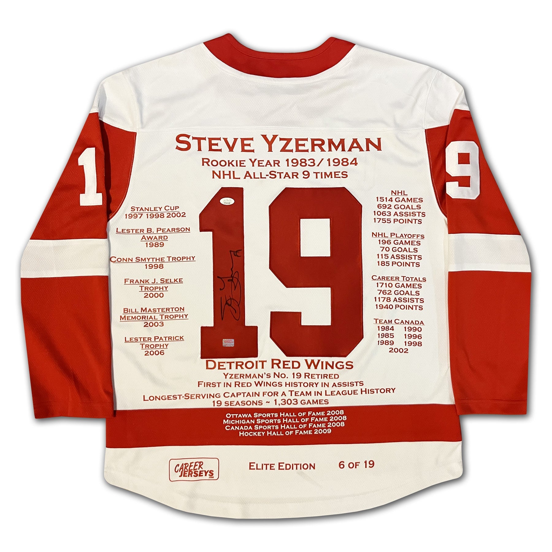 STEVE YZERMAN WHITE ELITE EDITION CAREER JERSEY – LTD ED 19 – AUTOGRAPHED DETROIT RED WINGS COLLECTIBLE (SIZE L OR XL)