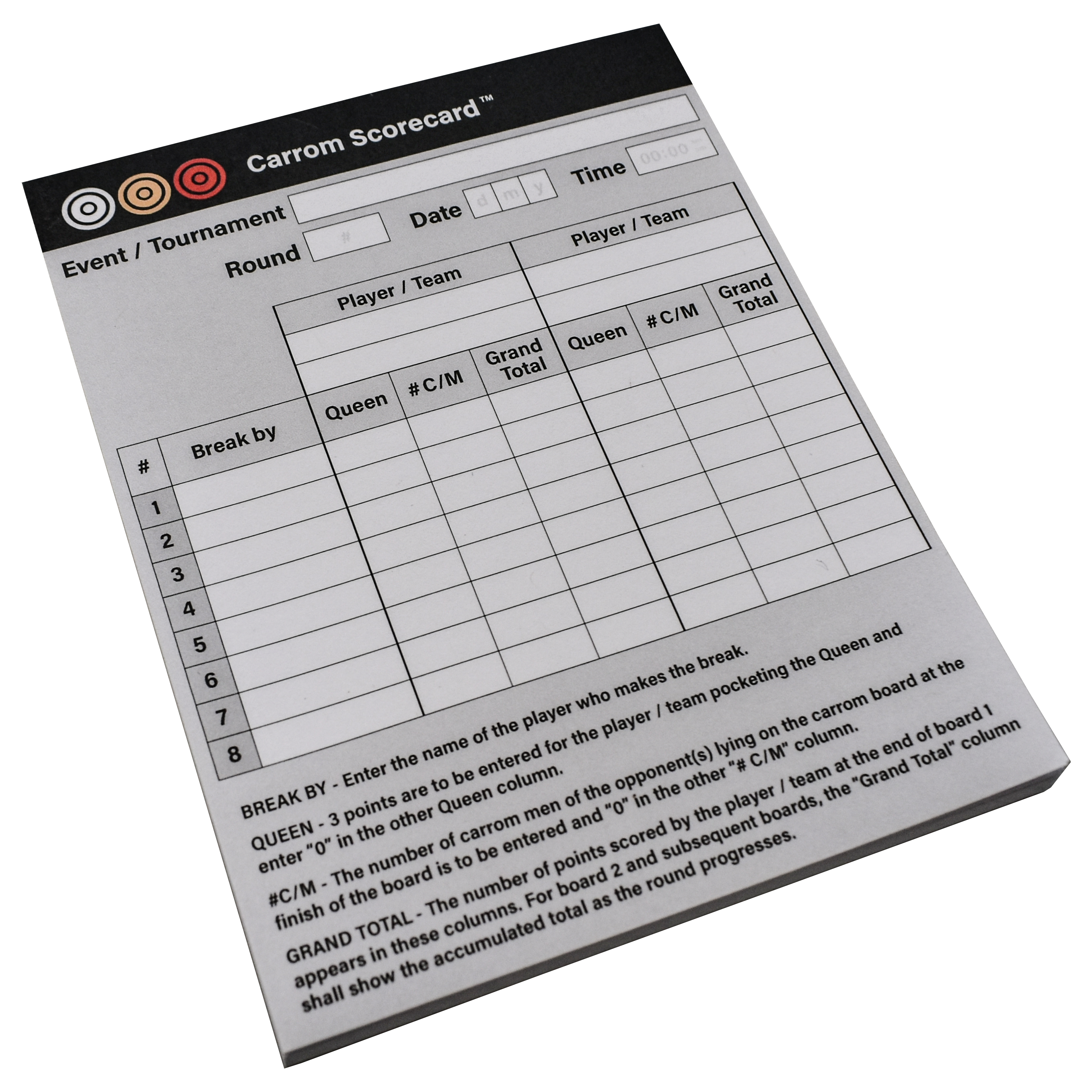 Tournament Carrom Scorecards for Tournament and Home Play