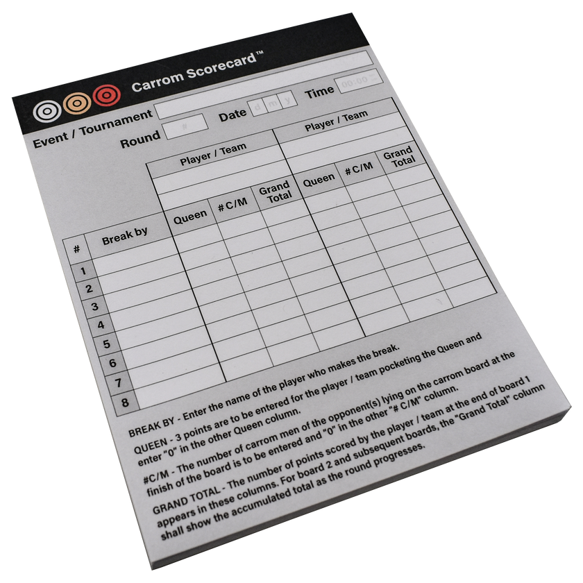 Tournament Carrom Scorecards for Tournament and Home Play