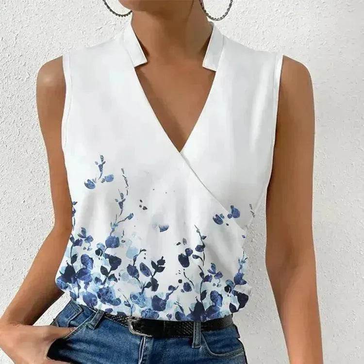 Casual Printed Tops Summer V-neck Sleeveless blouse  evening top women