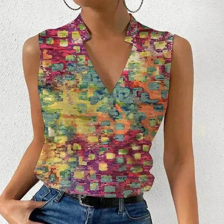 Casual Printed Tops Summer V-neck Sleeveless blouse  evening top women