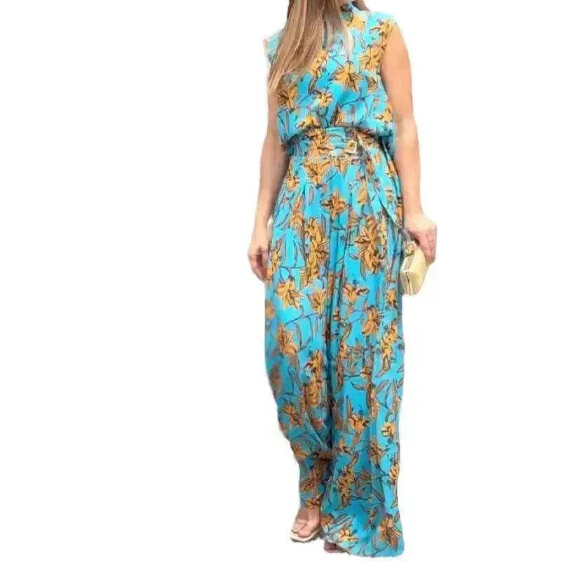 Casual Style Sleeveless High-waisted  2pcs floral Trousers set Women