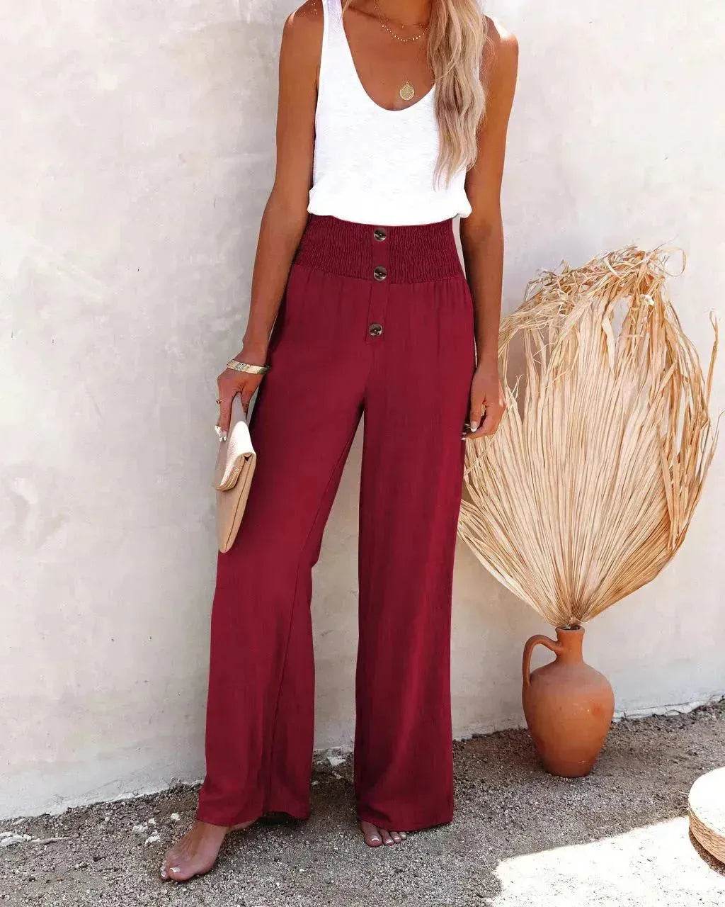 Women's High Waist Wide Leg Trousers – Elastic Waist Cotton Blend Casual Pants