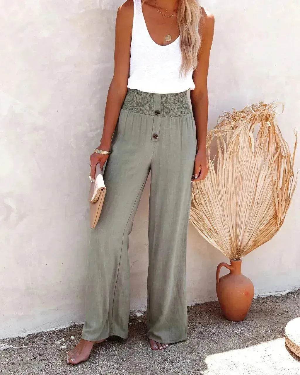 Women's High Waist Wide Leg Trousers – Elastic Waist Cotton Blend Casual Pants