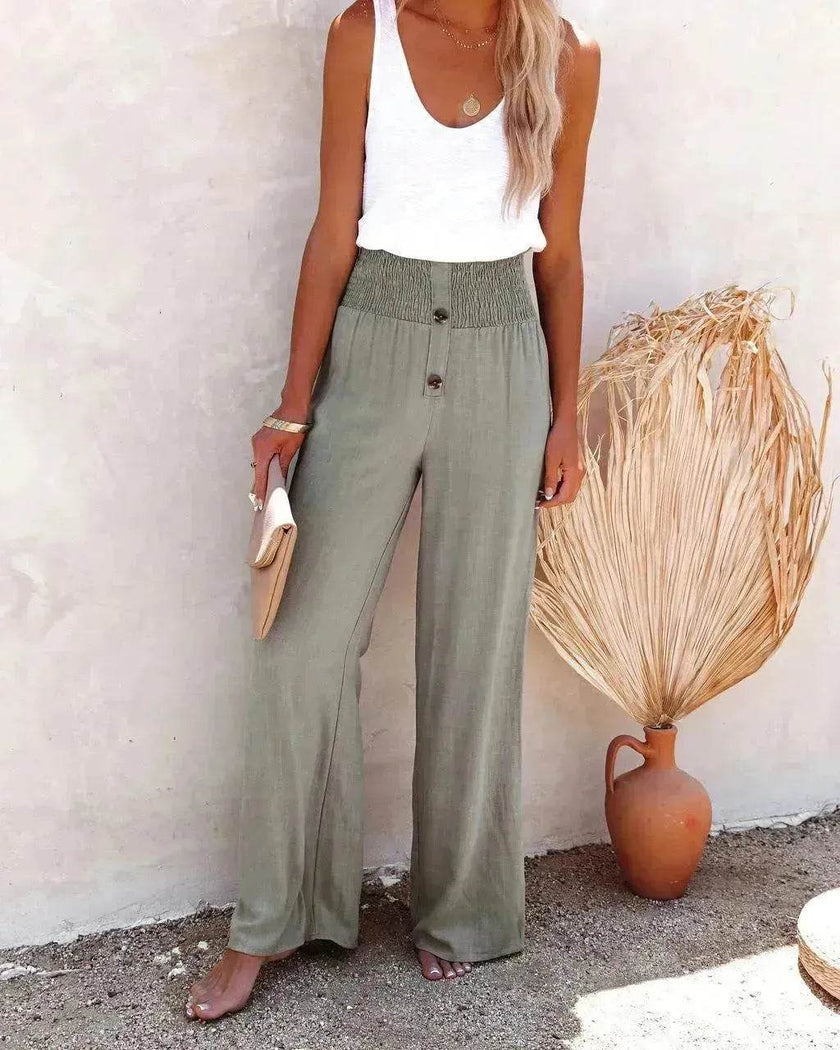 Women's High Waist Wide Leg Trousers – Elastic Waist Cotton Blend Casual Pants