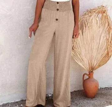 Women's High Waist Wide Leg Trousers – Elastic Waist Cotton Blend Casual Pants