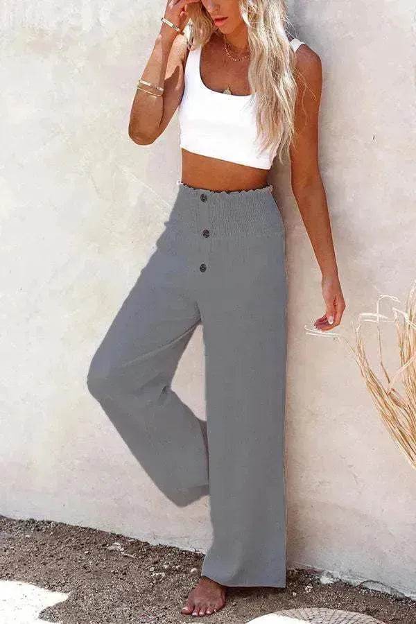 Women's High Waist Wide Leg Trousers – Elastic Waist Cotton Blend Casual Pants