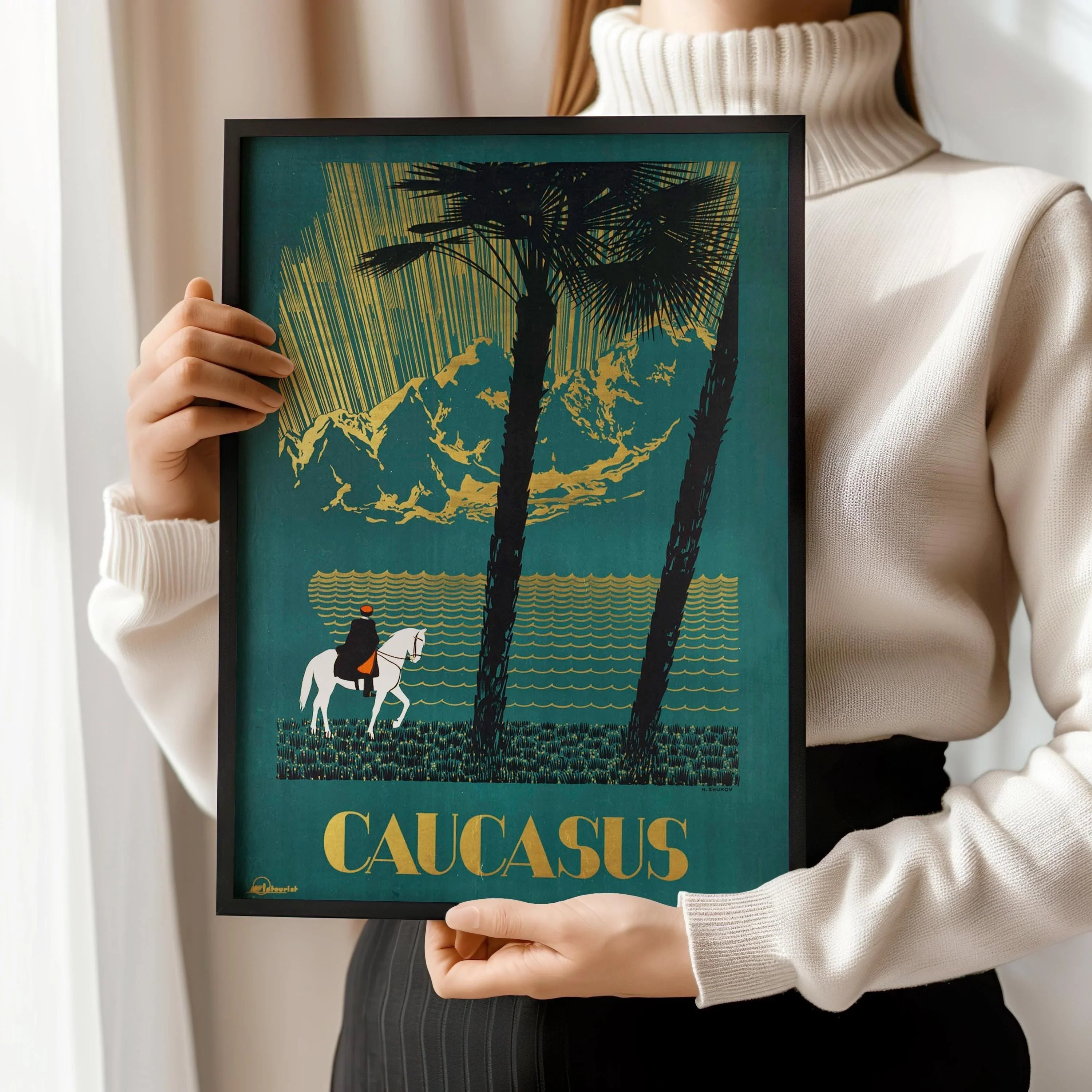 Caucasus | Striking Teal Soviet Travel Poster with Gold Highlight | Vintage Movie Print (available handframed or unframed)