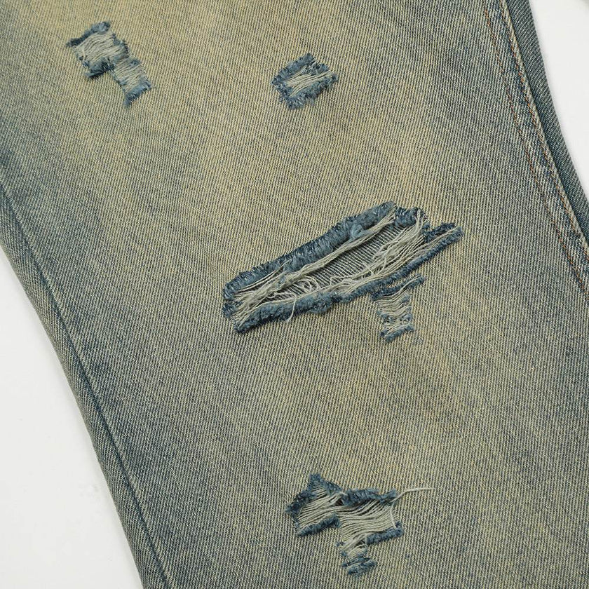 Heavy Industry Washing Hole Denim Trousers Men Jeans
