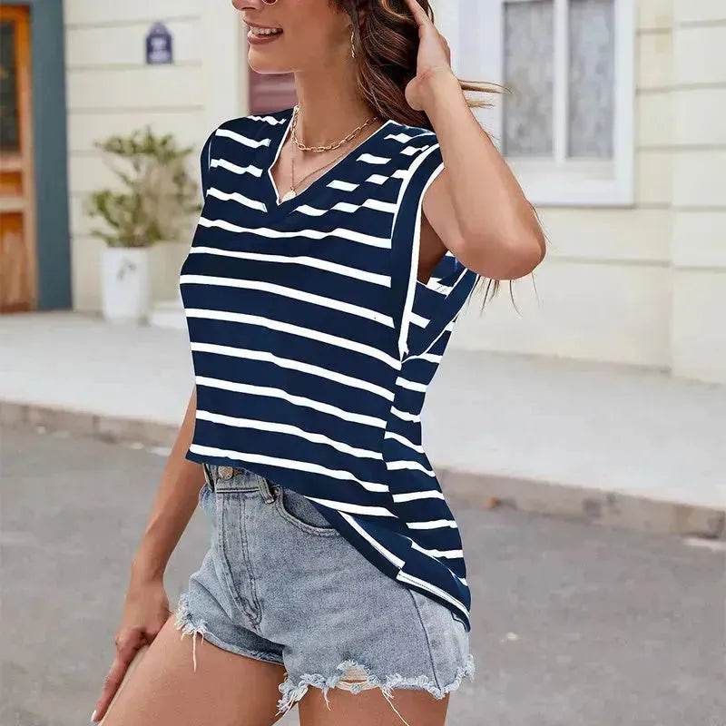 Fashion Stripe Print V-neck Short-sleeved T-Shirt Summer Loose Casual top for Women